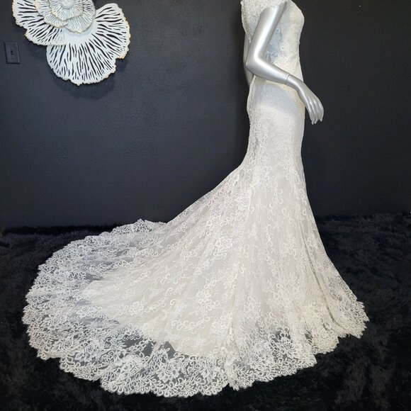 NWT~$1999~ELLA ROSA~SZ 6/8~IVORY OYSTER LACE FIT & FLARE WEDDING DRESS GOWN - Picture 3 of 16